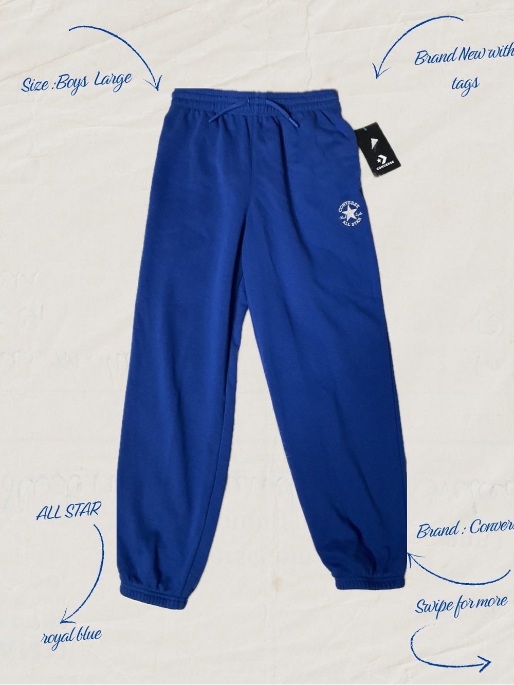 Converse Boys Royal Blue Joggers Sweatpants NWT Chuck Taylor All Star Sz L